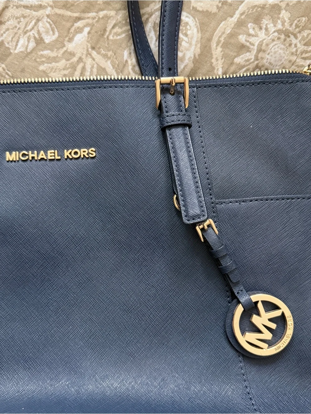 Michael Kors Dark Blue Leather Tote with Gold Accent Charm